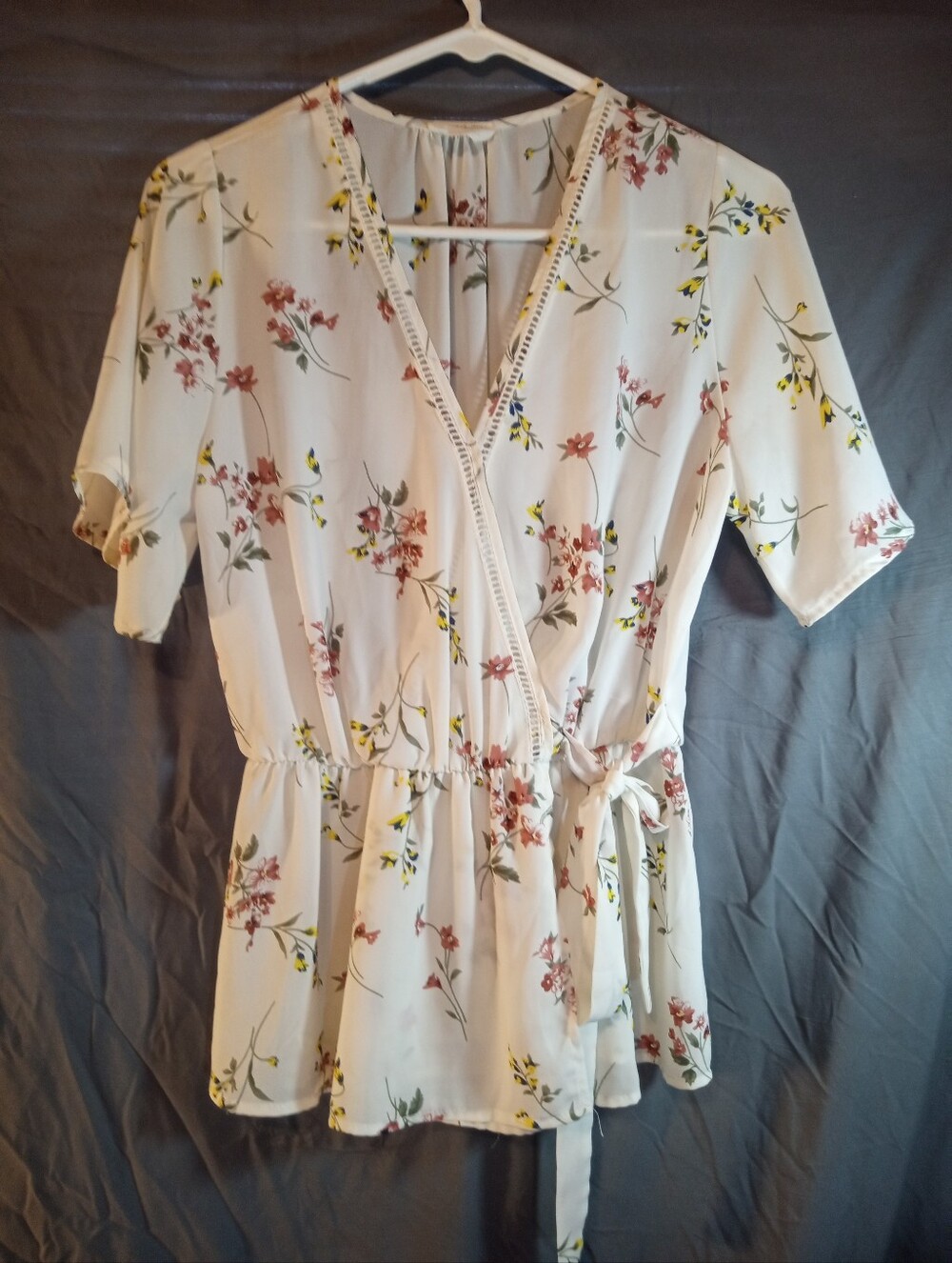 Sienna Sky Women's White Floral Wrap Blouse with Tie Waist